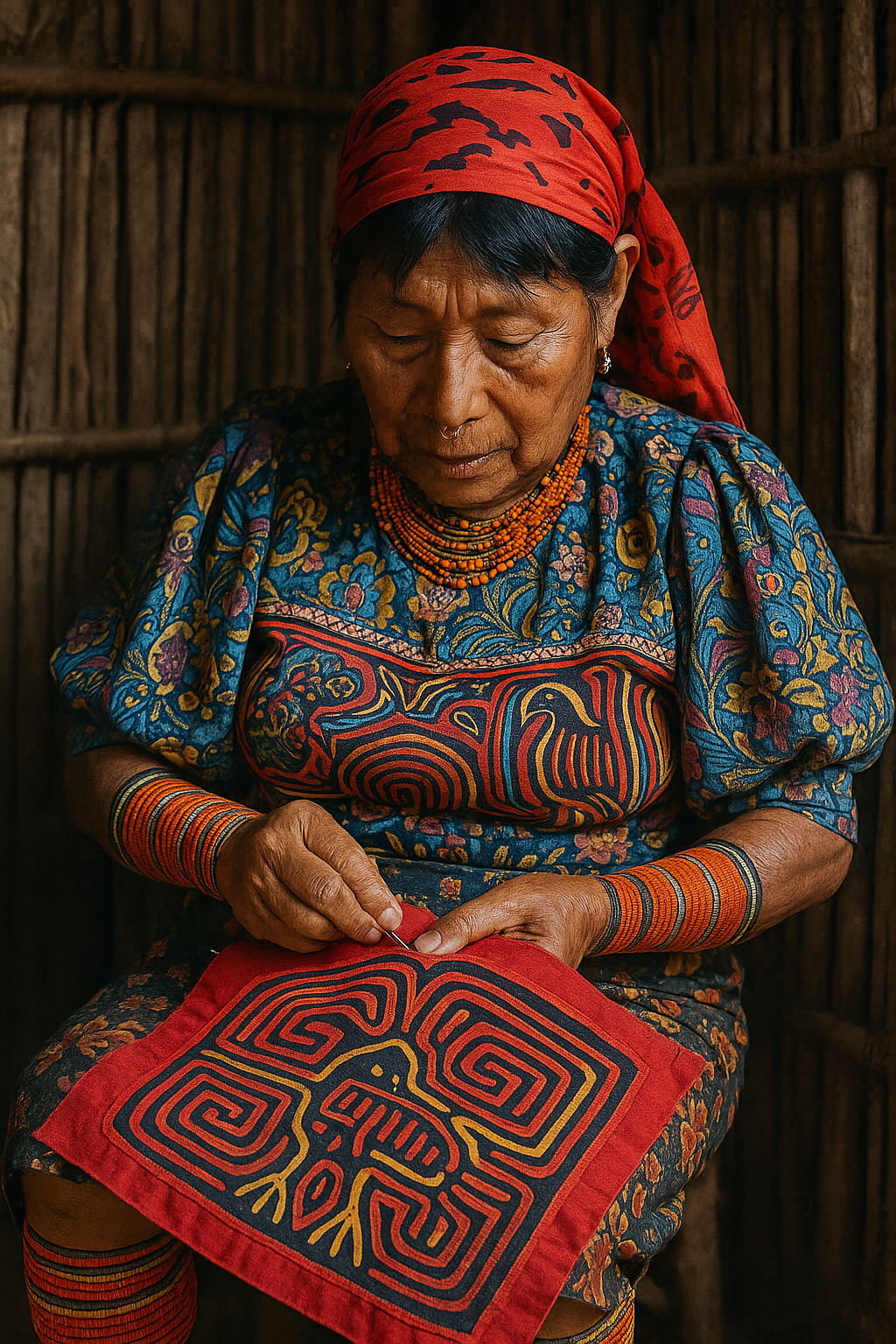 L'art vivant de la mola Femme kuna vêtue de couleurs vives, concentrée sur la broderie d'une mola, tissu traditionnel représentant des motifs géométriques et symboliques.