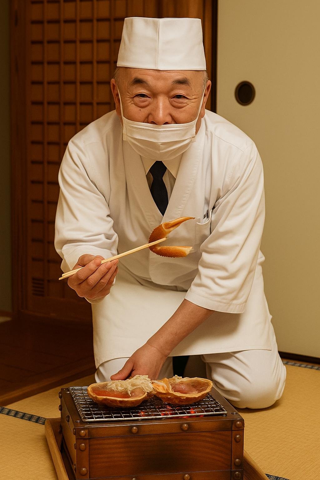 Chef japonais préparant du crabe grillé dans une auberge traditionnelle Chef japonais en tenue blanche préparant du crabe grillé sur un feu de braises dans une pièce traditionnelle en tatami
