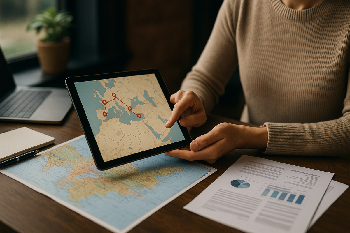 Échange personnalisé Bureau chaleureux avec carte du monde, carnet et tasse de thé pendant un entretien de conception de voyage sur mesure