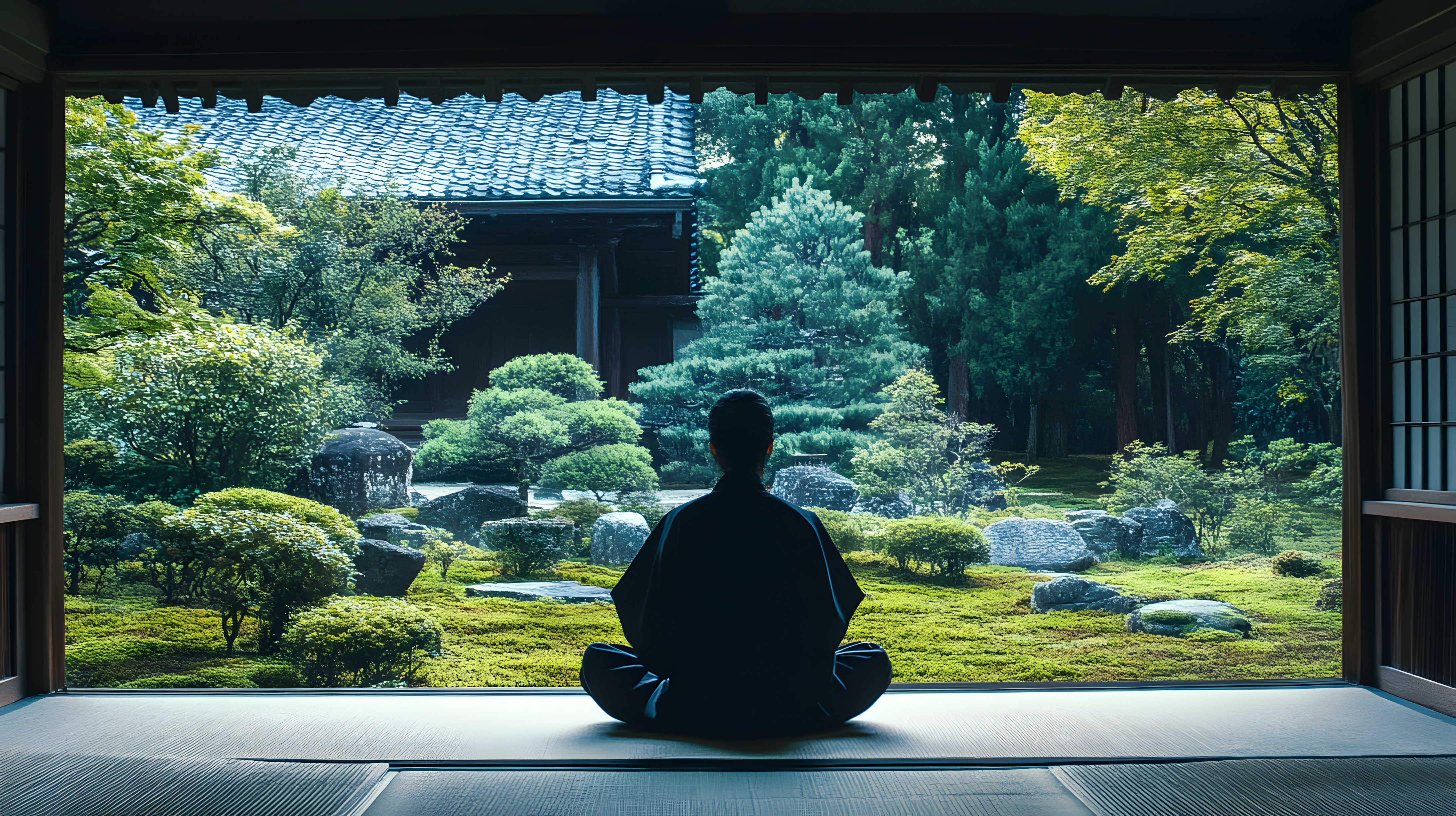 Méditation zen – Voyage intérieur au Japon Personne en méditation dans un jardin japonais traditionnel, entourée de nature et d’harmonie, symbole d’introspection et de calme profond.
