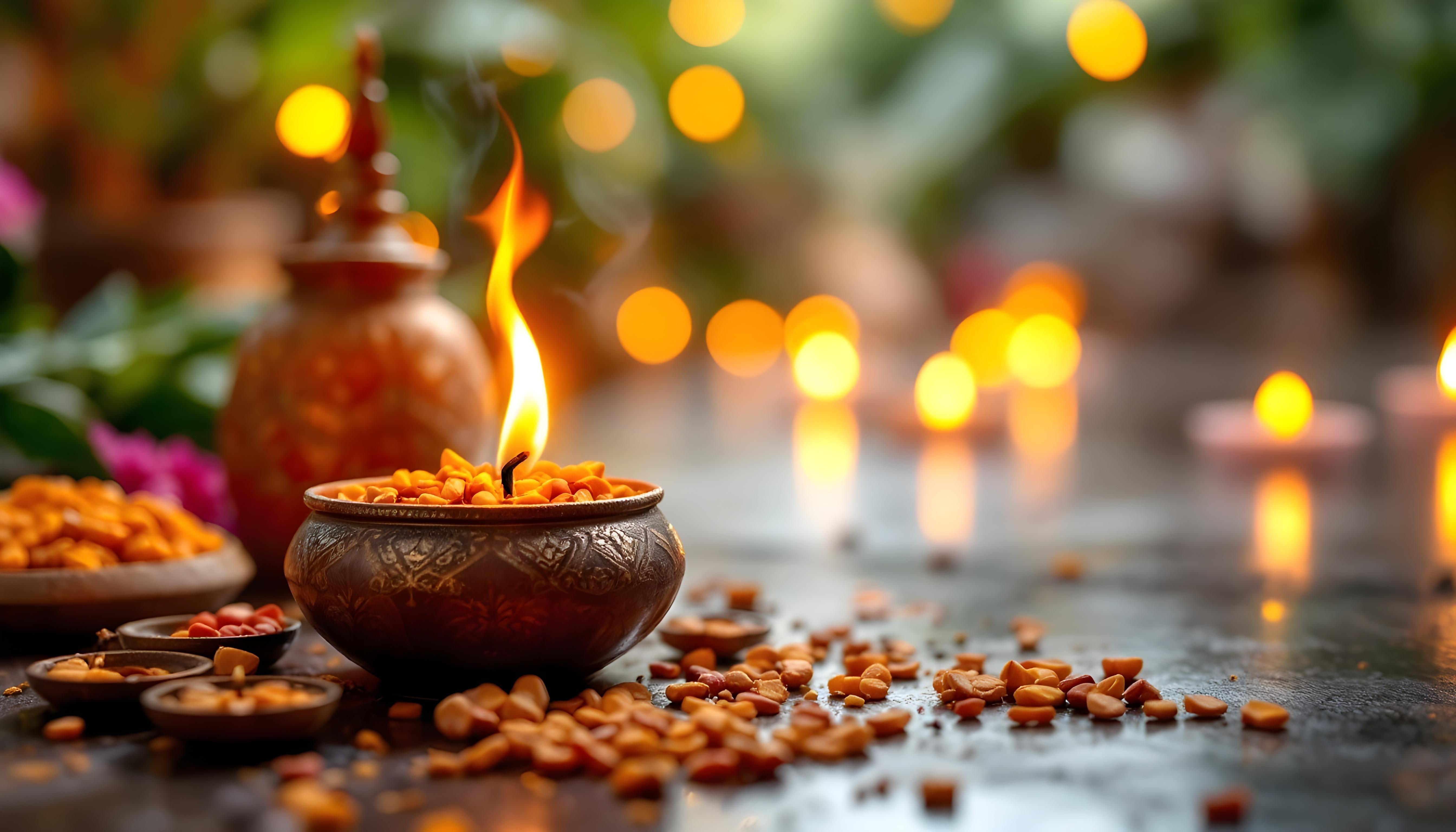Rituel sacré – Flamme et encens Flamme dans un pot rituel entouré de grains et de lumière, évoquant la spiritualité, les énergies subtiles et les traditions sacrées.