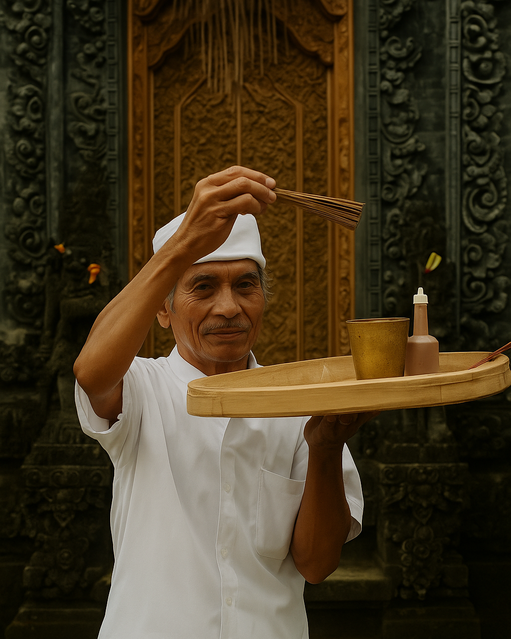 Le geste sacré Dans un temple balinais, un homme s’apprête à accomplir un rituel de purification. Chaque geste, transmis de génération en génération, porte en lui la mémoire d’une tradition vivante. Cette scène silencieuse témoigne de l’intimité entre l’humain et le sacré — un instant suspendu, hors du temps.