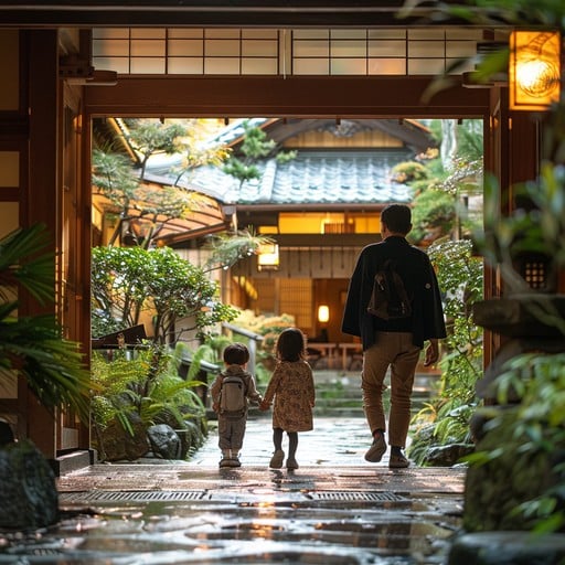 Jardin zen apaisant dans un ryokan japonais Famille ou groupe d’amis marchant dans un jardin zen d’un ryokan au Japon, illustrant une immersion calme et conviviale